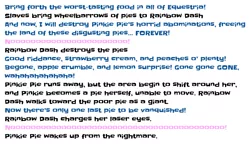 Size: 640x371 | Tagged: derpibooru import, evil pie hater dash, nightmare, pie, pinkie pie, rainbow dash, safe, secrets and pies, text, text only, that pony sure does hate pies
