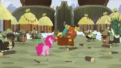 Size: 1280x720 | Tagged: safe, derpibooru import, screencap, gummy, pinkie pie, prince rutherford, pony, yak, not asking for trouble, biting, cloven hooves, female, hut, log, male, tail bite, yakyakistan, yickslubertfest