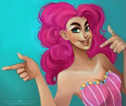 Size: 945x800 | Tagged: artist:maaronn, breasts, busty pinkie pie, clothes, derpibooru import, dress, female, finger gun, finger guns, human, humanized, pinkie pie, safe, solo