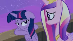 Size: 1920x1080 | Tagged: safe, derpibooru import, screencap, princess cadance, twilight sparkle, twilight sparkle (alicorn), alicorn, pony, once upon a zeppelin, airship, floppy ears, looking over shoulder, night, sad, stars, zeppelin