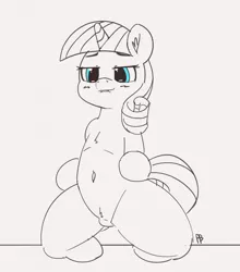 Size: 1280x1457 | Tagged: 30 minute art challenge, artist:pabbley, belly button, derpibooru import, female, lip bite, partial color, pubic fluff, solo, solo female, suggestive, twilight velvet