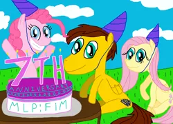 Size: 3306x2376 | Tagged: safe, artist:sb1991, derpibooru import, fluttershy, pinkie pie, oc, oc:film reel, pony, anniversary, anniversary art, birthday candles, cake, candle, cloud, food, grass, happy birthday mlp:fim, hat, mlp fim's seventh anniversary, party hat, plate, table