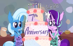 Size: 3853x2425 | Tagged: safe, artist:dragonpone, derpibooru import, starlight glimmer, trixie, pony, unicorn, :t, anniversary, apron, bipedal, bowl, cake, candle, cheek fluff, chest fluff, clothes, confused, cute, dialogue, diatrixes, duo, ear fluff, eating, female, flour, flower, food, frosting, glimmerbetes, great and powerful, happy birthday mlp:fim, implied mane seven, kiss the cook, mare, messy, mlp fim's seventh anniversary, open mouth, puffy cheeks, question mark, smiling, weapons-grade cute