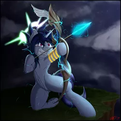 Size: 4000x4000 | Tagged: safe, artist:ze-dusty, derpibooru import, oc, oc:stardust halcyon, unofficial characters only, semi-anthro, unicorn, angry, archer, archery, armpits, arrow, badass, belly button, bow, bow (weapon), bow and arrow, cliff, electricity, epic, featureless crotch, female, halo, hoof hold, looking up, night, slit eyes, snaggletooth, solo, weapon