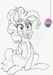 Size: 1614x2250 | Tagged: safe, artist:janji009, derpibooru import, pinkie pie, earth pony, pony, cupcake, female, fishing hook, food, hook, mare, partial color, sketch, smiling, solo, tongue out, traditional art