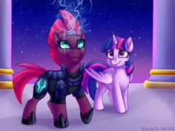 Size: 2620x1960 | Tagged: safe, artist:sacredroses-art, derpibooru import, tempest shadow, twilight sparkle, twilight sparkle (alicorn), alicorn, pony, unicorn, my little pony: the movie, broken horn, eye scar, female, horn, lightning, mare, scar, scene interpretation, smiling, sparking horn