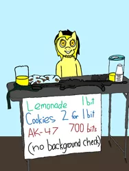 Size: 720x960 | Tagged: anarcho-capitalism, artist:anonymous, cookie, crazy eyes, cup, derpibooru import, food, gun, juice, lemonade, lemonade stand, merchant, /mlpol/, oc, oc:leslie fair, politics, rifle, safe, sale, sign, unofficial characters only, weapon