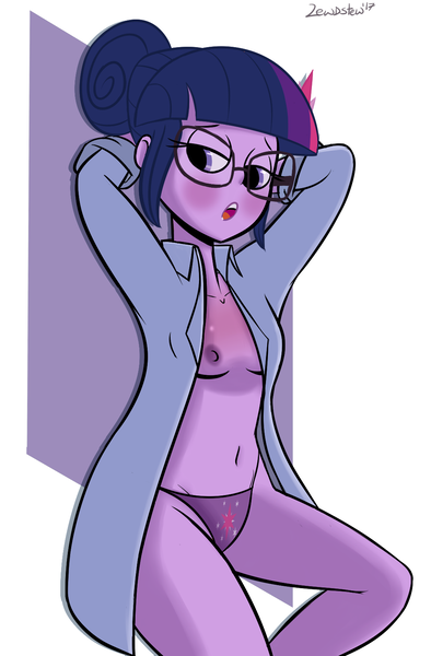 Size: 1070x1628 | Tagged: questionable, artist:superion, derpibooru import, sci-twi, twilight sparkle, equestria girls, arm behind head, bedroom eyes, belly button, blushing, breasts, clothes, cutie mark underwear, female, glasses, hair bun, nipples, nudity, open mouth, panties, partial nudity, purple underwear, sexy, solo, solo female, stupid sexy sci-twi, topless, underwear