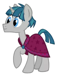 Size: 670x895 | Tagged: safe, artist:thecheeseburger, derpibooru import, stygian, pony, unicorn, shadow play, cape, clothes, cute, happy, male, raised hoof, simple background, smiling, solo, stallion, stygianbetes, transparent background, vector