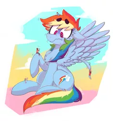 Size: 2353x2500 | Tagged: safe, artist:xieril, derpibooru import, rainbow dash, human, pony, beanbrows, chest fluff, commission, eyebrows, giant pony, giant rainbow dash, human male, macro, male, mega/giant rainbow dash, spread wings, wings