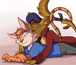 Size: 1484x1268 | Tagged: suggestive, artist:digimaru, derpibooru import, capper dapperpaws, oc, abyssinian, anthro, cat, my little pony: the movie, abyssinians doing cat things, behaving like a cat, canon x oc, cats doing cat things, clothes, cuddling, furry, gay, licking, male, nuzzling, shipping, simple background, tail wrap, tongue out