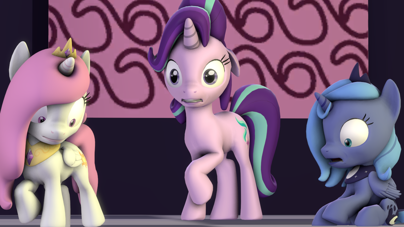 Size: 1280x720 | Tagged: 3d, age regression, a royal problem, artist:johnsilents, cewestia, derpibooru import, female, filly, filly celestia, filly luna, oops, pink-mane celestia, princess celestia, princess luna, safe, shocked, shrunken pupils, source filmmaker, starlight glimmer, whoops, woona, younger