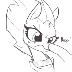 Size: 1075x1075 | Tagged: safe, artist:tjpones, derpibooru import, fizzlepop berrytwist, tempest shadow, pony, unicorn, my little pony: the movie, angry, armor, boop, broken horn, cute, eye scar, female, frown, glare, grayscale, madorable, mare, monochrome, non-consensual booping, offscreen character, scar, simple background, sketch, solo focus, sweet dreams fuel, tempest shadow is not amused, tempestbetes, this will end in pain, tsundere shadow, unamused, white background