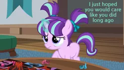 Size: 1920x1080 | Tagged: safe, derpibooru import, edit, edited screencap, screencap, starlight glimmer, dragon, pony, unicorn, uncommon bond, age regression, board game, crying, dragon pit, female, filly, filly starlight glimmer, magic, sad, sadlight glimmer, table, text, younger