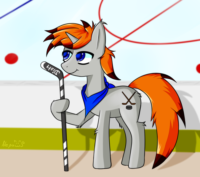 Size: 1108x985 | Tagged: safe, artist:nepaws, derpibooru import, oc, oc:disterious, unofficial characters only, pony, unicorn, bandana, big tail, blue eyes, clothes, complex background, cute, cutie mark, grass, grey fur, highlights, hockey, hockey puck, hockey stick, horn, ice rink, male, orange mane, orange tail, shading, shadow, smiling, smirk, solo, sports, stallion, tape, walkway, wall