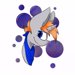 Size: 592x592 | Tagged: safe, artist:zoul, derpibooru import, oc, oc:disterious, unofficial characters only, pony, unicorn, bandana, big ears, big eyes, blue eyes, bubble background, clothes, cute, grey fur, highlights, horn, icon, male, orange mane, shading, simple background, smiling, smirk, solo, stallion