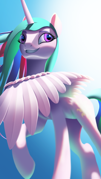 Size: 3240x5760 | Tagged: safe, derpibooru import, princess celestia, alicorn, pony, female, horn, image, mare, png, smiling, solo, subsurface scattering, wings