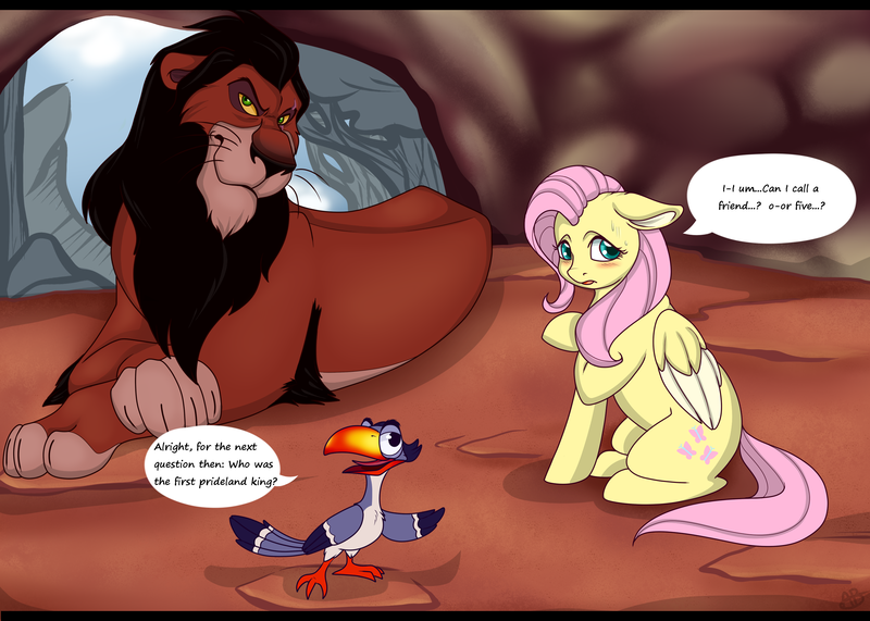 Size: 2800x2000 | Tagged: safe, artist:thecaptainsmate, derpibooru import, fluttershy, big cat, bird, lion, pegasus, pony, blushing, crossover, dialogue, fanart mashup challenge, female, floppy ears, game show, hornbill, male, mare, pride rock, quiz, scar (the lion king), sweat, sweatdrops, the lion king, trio, who wants to be a millionaire, zazu