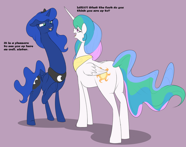 Size: 2328x1840 | Tagged: suggestive, artist:astr0zone, derpibooru import, princess celestia, princess luna, alicorn, pony, angry, impossibly long neck, long neck, necc, plot, princess luneck, sibling rivalry, smug, vulgar, what has science done