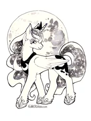 Size: 540x716 | Tagged: safe, artist:hollifo, derpibooru import, princess luna, alicorn, female, folded wings, inktober, ink wash painting, jewelry, mare, mare in the moon, moon, profile, regalia, simple background, smiling, solo, traditional art, white background