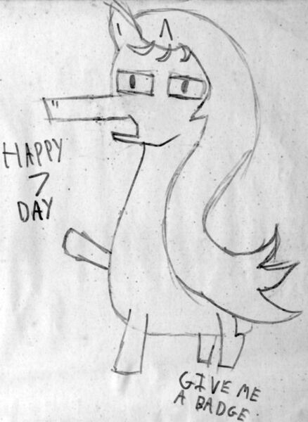 Size: 730x1000 | Tagged: safe, artist:minus, derpibooru import, oc, oc:archi documentum, unofficial characters only, unicorn, happy birthday mlp:fim, long mane, long neck, male, mlp fim's seventh anniversary, monochrome, solo, stallion, text, traditional art, wat