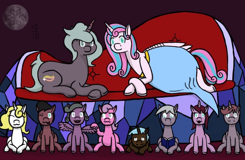 Size: 1011x660 | Tagged: safe, artist:wyntermoon, derpibooru import, princess flurry heart, oc, oc:shimmering glow, alicorn, earth pony, pegasus, pony, unicorn, alicorn oc, belly, book, colt, couch, couple, family, family photo, female, flurryglow, foal, impossibly large belly, male, mama flurry, mare, multiple pregnancy, octuplets, offspring, offspring's offspring, older, older flurry heart, parent:king sombra, parent:oc:shimmering glow, parent:princess flurry heart, parent:radiant hope, parents:canon x oc, parents:hopebra, pregnant, reading, request, shipping, sitting, smiling, stallion, straight, tongue out