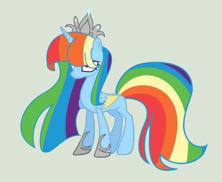 Size: 1520x1248 | Tagged: safe, artist:galaxystarswirlyt, derpibooru import, rainbow dash, alicorn, pony, alicornified, alternate hairstyle, colored wings, crown, jewelry, multicolored wings, race swap, rainbowcorn, regalia, simple background, solo