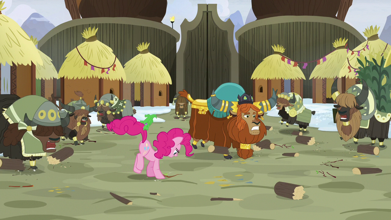 Size: 1280x720 | Tagged: safe, derpibooru import, screencap, gummy, pinkie pie, prince rutherford, pony, yak, not asking for trouble, biting, cloven hooves, female, log, male, stomping, tail bite, twig, yakyakistan, yickslubertfest