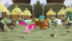 Size: 1280x720 | Tagged: safe, derpibooru import, screencap, gummy, pinkie pie, prince rutherford, pony, yak, not asking for trouble, biting, cloven hooves, female, log, male, stomping, tail bite, twig, yakyakistan, yickslubertfest