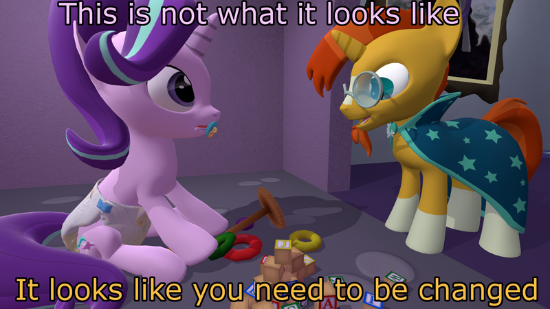 Size: 1920x1080 | Tagged: 3d, adult foal, artist:mrdoctorderpy, caught, derpibooru import, dialogue, diaper, diaper fetish, fetish, pacifier, questionable, source filmmaker, starlight glimmer, sunburst, urine, wet diaper