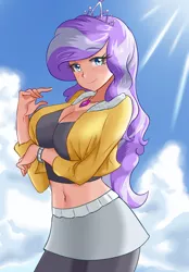 Size: 626x900 | Tagged: safe, artist:thebrokencog, derpibooru import, diamond tiara, human, equestria girls, arm under breasts, belly button, breasts, busty diamond tiara, cleavage, clothes, compression shorts, female, human coloration, humanized, leggings, looking at you, midriff, miniskirt, older, older diamond tiara, seductive pose, sexy, skirt, smiling, solo, stupid sexy diamond tiara