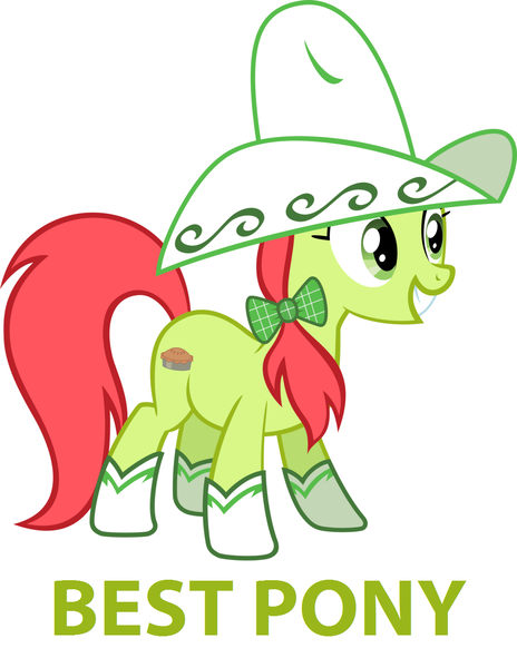 Size: 1024x1324 | Tagged: safe, artist:daringdashie, derpibooru import, edit, peachy sweet, earth pony, pony, apple family member, background pony, best pony, boots, female, hat, image macro, mare, meme, shoes, simple background, solo, ten gallon hat, white background