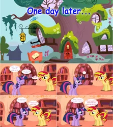 Size: 1284x1444 | Tagged: safe, artist:hakunohamikage, derpibooru import, sunset shimmer, twilight sparkle, twilight sparkle (alicorn), alicorn, pony, unicorn, ask-princesssparkle, ask, comic, eyes closed, female, golden oaks library, mare, tumblr