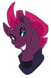 Size: 2219x3333 | Tagged: safe, artist:sharkcatz, derpibooru import, tempest shadow, unicorn, my little pony: the movie, broken horn, bust, evil grin, faic, female, grin, happy, hoers, mare, silly little ponies, simple background, smiling, smirk, solo, transparent background
