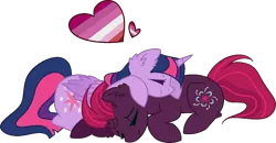 Size: 1162x605 | Tagged: safe, artist:quartziie, derpibooru import, fizzlepop berrytwist, tempest shadow, twilight sparkle, twilight sparkle (alicorn), alicorn, pony, unicorn, my little pony: the movie, base used, broken horn, duo, eyes closed, female, g4, heart, horn, image, lesbian, lesbian pride flag, mare, png, pride, pride flag, ship:tempestlight, shipping, simple background, sleeping, tempest's cutie mark, tempestlight, transparent background