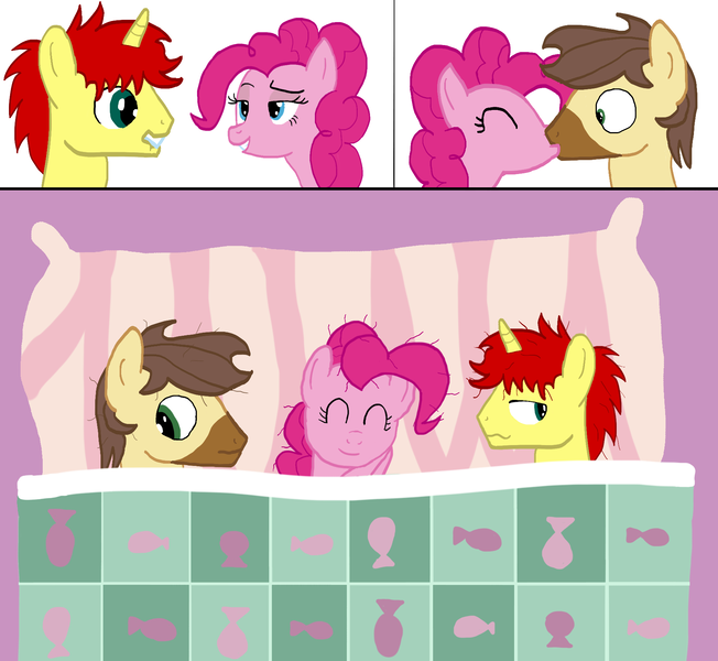 Size: 1783x1640 | Tagged: suggestive, artist:wissle, derpibooru import, pinkie pie, oc, oc:calpain, oc:sethisto, earth pony, pony, unicorn, aftersex, bed, bedroom eyes, blanket, comic, female, implied sex, kissing, lip bite, male, mare, polyamory, stallion