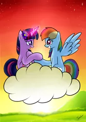 Size: 2480x3507 | Tagged: safe, artist:twidasher, derpibooru import, rainbow dash, twilight sparkle, cloud, female, flower, flower in hair, holding hooves, lesbian, looking at each other, shipping, sunset, twidash