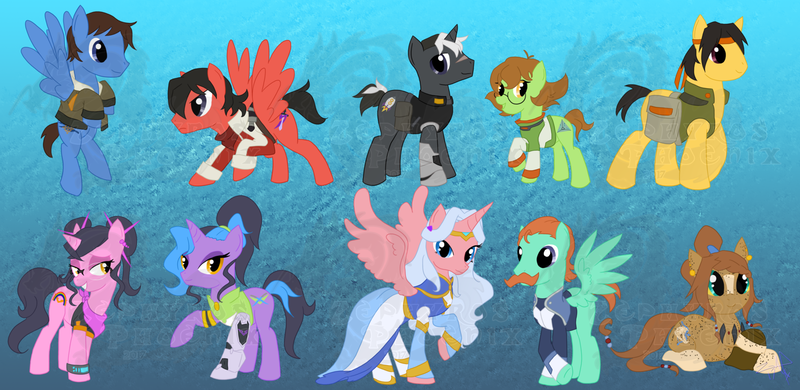 Size: 1600x779 | Tagged: safe, artist:zephyrosphoenix, derpibooru import, oc, oc:alexis marco, oc:farren marco, oc:l'ynnx, ponified, cyborg, pony, amputee, coran, hunk, image, katie holt, keith kogane, lance (voltron), lance mcclain, pidge, png, princess allura, prosthetic limb, prosthetics, shiro, takashi shirogane, voltron, voltron legendary defender