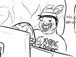 Size: 2000x1500 | Tagged: acne, artist:10art1, auto portrait, black and white, body pillow, derpibooru import, fedora, fire, grayscale, happy birthday mlp:fim, hat, hell, mlp fim's seventh anniversary, monochrome, neckbeard, pinkie pie, safe, solo