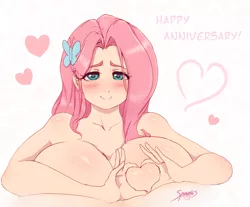 Size: 1100x909 | Tagged: suggestive, artist:spindlesx, derpibooru import, fluttershy, human, adorasexy, big breasts, blushing, blushing profusely, breasts, bust, busty fluttershy, cleavage, cute, embarrassed, female, hairpin, happy birthday mlp:fim, heart, heart eyes, heart hands, heart shaped boob, huge breasts, humanized, impossibly large breasts, long hair, looking at you, love, mlp fim's seventh anniversary, nudity, sexy, shy, shyabetes, simple background, smiling, solo, solo female, squishy, stupid sexy fluttershy, upper body, white background, wingding eyes