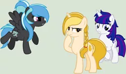 Size: 1024x603 | Tagged: safe, artist:lost-our-dreams, derpibooru import, oc, oc:amber gold, oc:astral blaze, oc:midnight shine, oc:zephyr, unofficial characters only, pegasus, pony, unicorn, female, mare, offspring, parent:flash sentry, parent:twilight sparkle, parents:flashlight