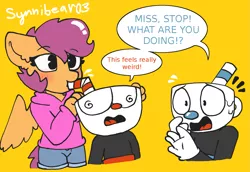 Size: 1597x1099 | Tagged: safe, artist:synnibear03, derpibooru import, scootaloo, oc, oc:ponytale scootaloo, oc:scootaloo loves sans, anthro, comic:ponytale, blushing, crossover, cuphead, cuphead (character), dialogue, mugman, scootaloo loves sans, simple background, wingding eyes, yellow background