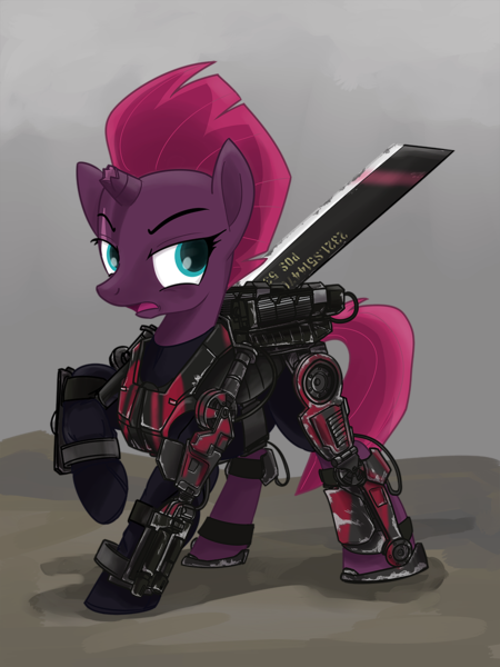 Size: 960x1280 | Tagged: safe, artist:buckweiser, derpibooru import, tempest shadow, pony, unicorn, my little pony: the movie, armor, blade, broken horn, crossover, edge of tomorrow, emily blunt, exosuit, eye scar, female, image, mare, open mouth, png, power armor, powered exoskeleton, propeller blade, raised hoof, rita vrataski, scar, solo, sword, voice actor joke, weapon