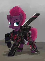 Size: 960x1280 | Tagged: safe, artist:buckweiser, derpibooru import, tempest shadow, pony, unicorn, my little pony: the movie, armor, blade, broken horn, crossover, edge of tomorrow, emily blunt, exosuit, eye scar, female, image, mare, open mouth, png, power armor, powered exoskeleton, propeller blade, raised hoof, rita vrataski, scar, solo, sword, voice actor joke, weapon