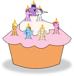 Size: 1689x1726 | Tagged: safe, artist:planetkiller, derpibooru import, applejack, fluttershy, pinkie pie, rainbow dash, rarity, starlight glimmer, twilight sparkle, twilight sparkle (alicorn), alicorn, pony, alternate hairstyle, birthday candles, candle, cupcake, food, happy birthday mlp:fim, mlp fim's seventh anniversary, simple background, sitting, transparent background