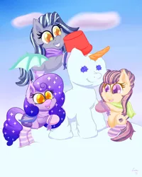 Size: 1200x1500 | Tagged: safe, artist:luciusheart, derpibooru import, oc, oc:dream weaver, oc:melissa mittens, oc:rain, unofficial characters only, bat pony, clothes, cute, mittens, playing, scarf, socks, weapons-grade cute, winter