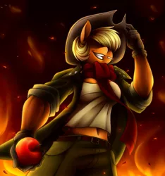 Size: 1679x1790 | Tagged: anthro, apple, applejack, artist:jadekettu, artist:quynzel, badass, belt, breasts, busty applejack, cigarette, clothes, collaboration, cowboy hat, derpibooru import, eyeless jack, female, fire, food, gloves, grin, hat, jacket, mare, safe, scarf, smiling, smoking, solo, stetson