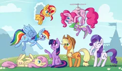 Size: 3998x2334 | Tagged: safe, artist:dsp2003, derpibooru import, applejack, fluttershy, pinkie pie, rainbow dash, rarity, spike, sunset shimmer, twilight sparkle, twilight sparkle (alicorn), alicorn, dragon, earth pony, pegasus, pony, unicorn, blushing, female, flying, flying contraption, frog (hoof), happy birthday mlp:fim, high res, male, mane seven, mane six, mare, mlp fim's seventh anniversary, open mouth, tongue out, underhoof