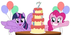 Size: 12464x6176 | Tagged: absurd resolution, alicorn, artist:kuren247, balloon, birthday candles, cake, candle, derpibooru import, food, happy birthday mlp:fim, mare, mlp fim's seventh anniversary, pinkie pie, safe, simple background, smiling, transparent background, twilight sparkle, twilight sparkle (alicorn), vector