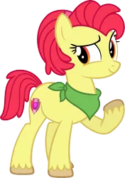 Size: 1023x1453 | Tagged: safe, artist:starryoak, derpibooru import, apple bloom, earth pony, pony, miracleverse, alternate hairstyle, alternate universe, bandana, clothes, female, mare, older, older apple bloom, raised hoof, short hair, simple background, the cmc's cutie marks, transparent background, unshorn fetlocks